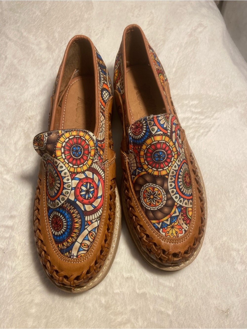 Tan Leather Loafers with Multicolor Mandala Print